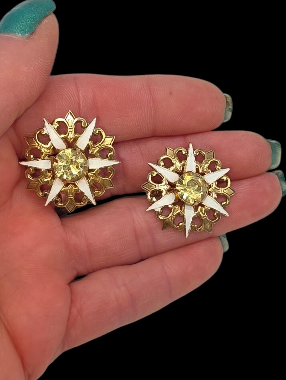 Vintage Accessocraft NYC Heraldic Revival Screw Back Earrings White Enamel 1960s
